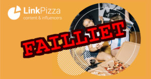 Linkpizza failliet logo met twee vrouwen die blij kijken over een pizza op de achtergrond, het linkpizza logo met dikke letters failliet erover gedrukt.