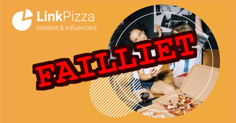 Linkpizza failliet logo met twee vrouwen die blij kijken over een pizza op de achtergrond, het linkpizza logo met dikke letters failliet erover gedrukt.